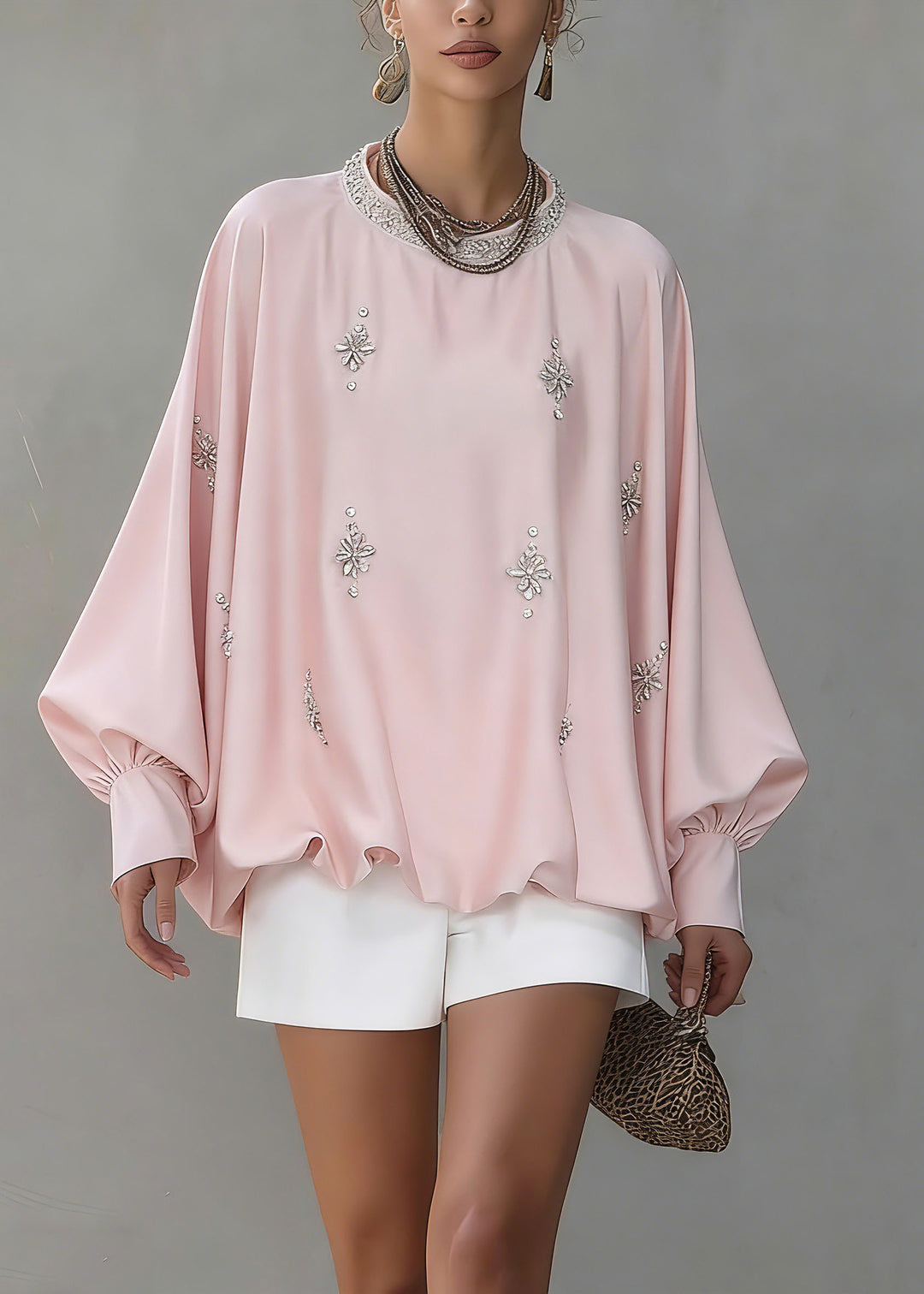 Cute Pink O-Neck Zircon Silk Shirt Spring