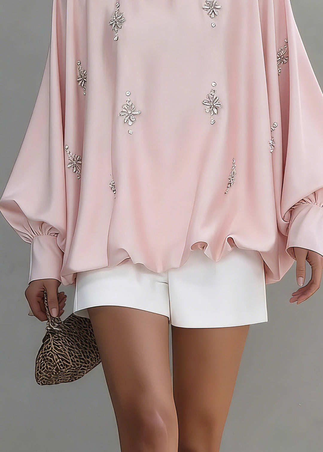 Cute Pink O-Neck Zircon Silk Shirt Spring