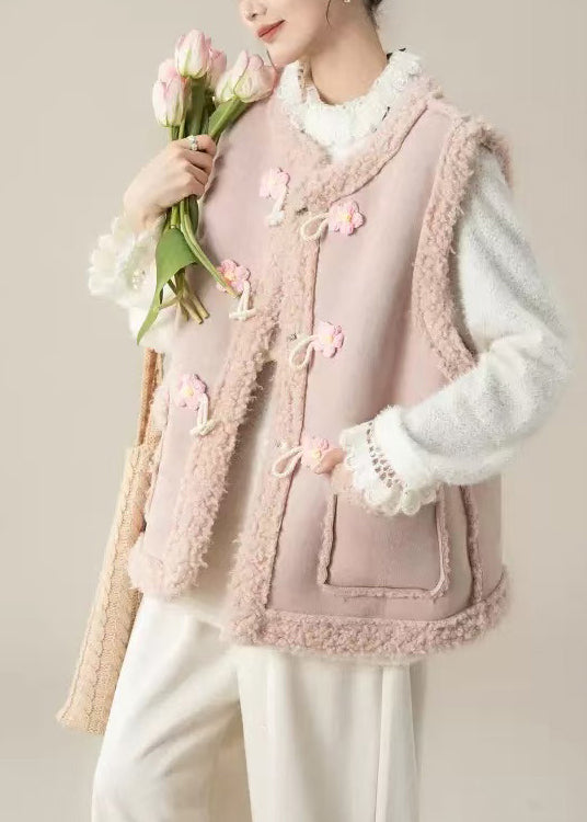 Cute Pink Oversized Patchwork Flower Teddy Vest Jacket Winter