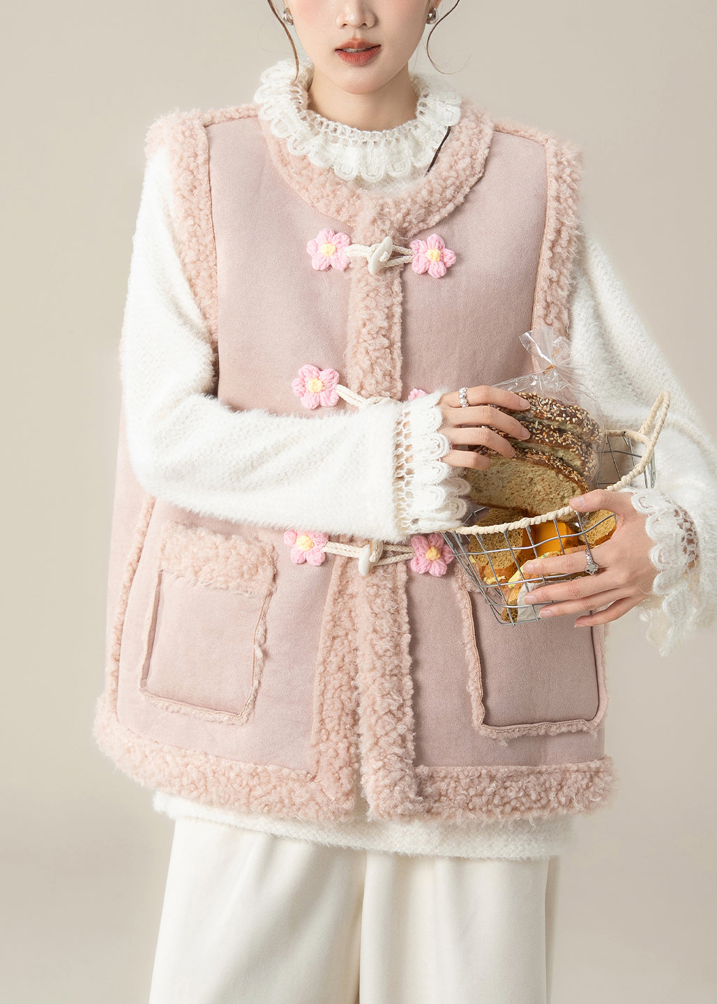 Cute Pink Oversized Patchwork Flower Teddy Vest Jacket Winter