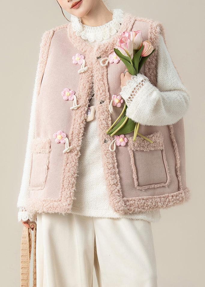 Cute Pink Oversized Patchwork Flower Teddy Vest Jacket Winter