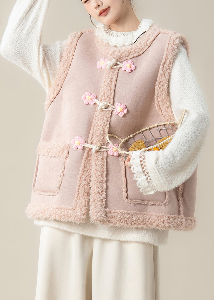 Cute Pink Oversized Patchwork Flower Teddy Vest Jacket Winter