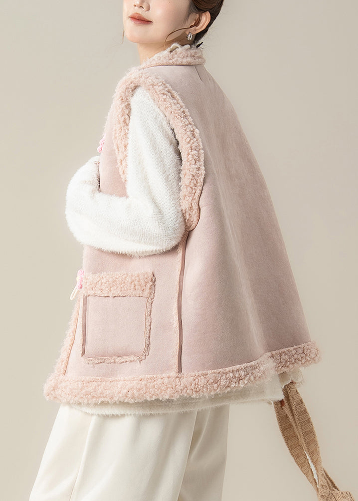 Cute Pink Oversized Patchwork Flower Teddy Vest Jacket Winter