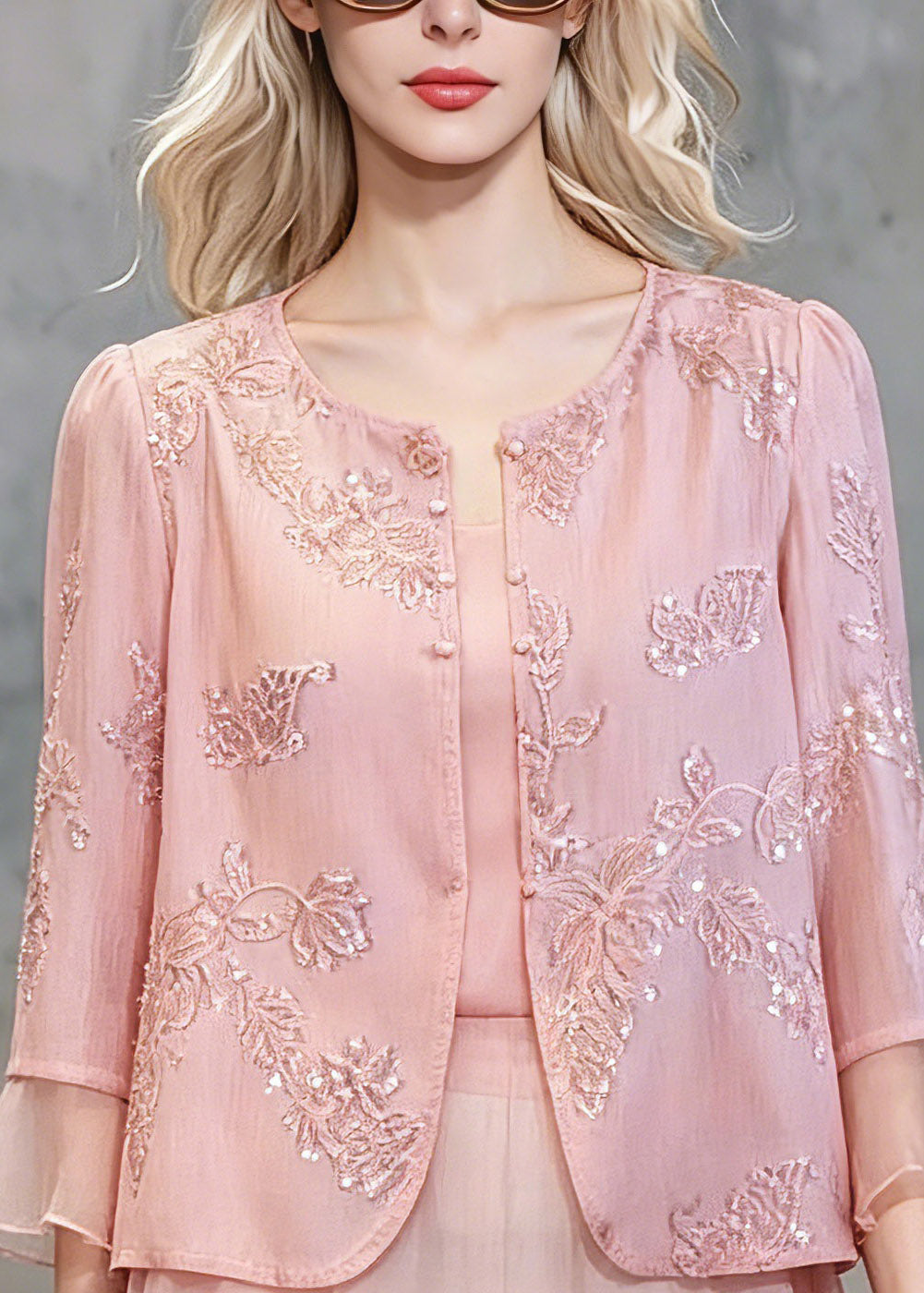 Cute Pink Patchwork Button Fake Two-Piece Chiffon Shirt Three Quarter Sleeve