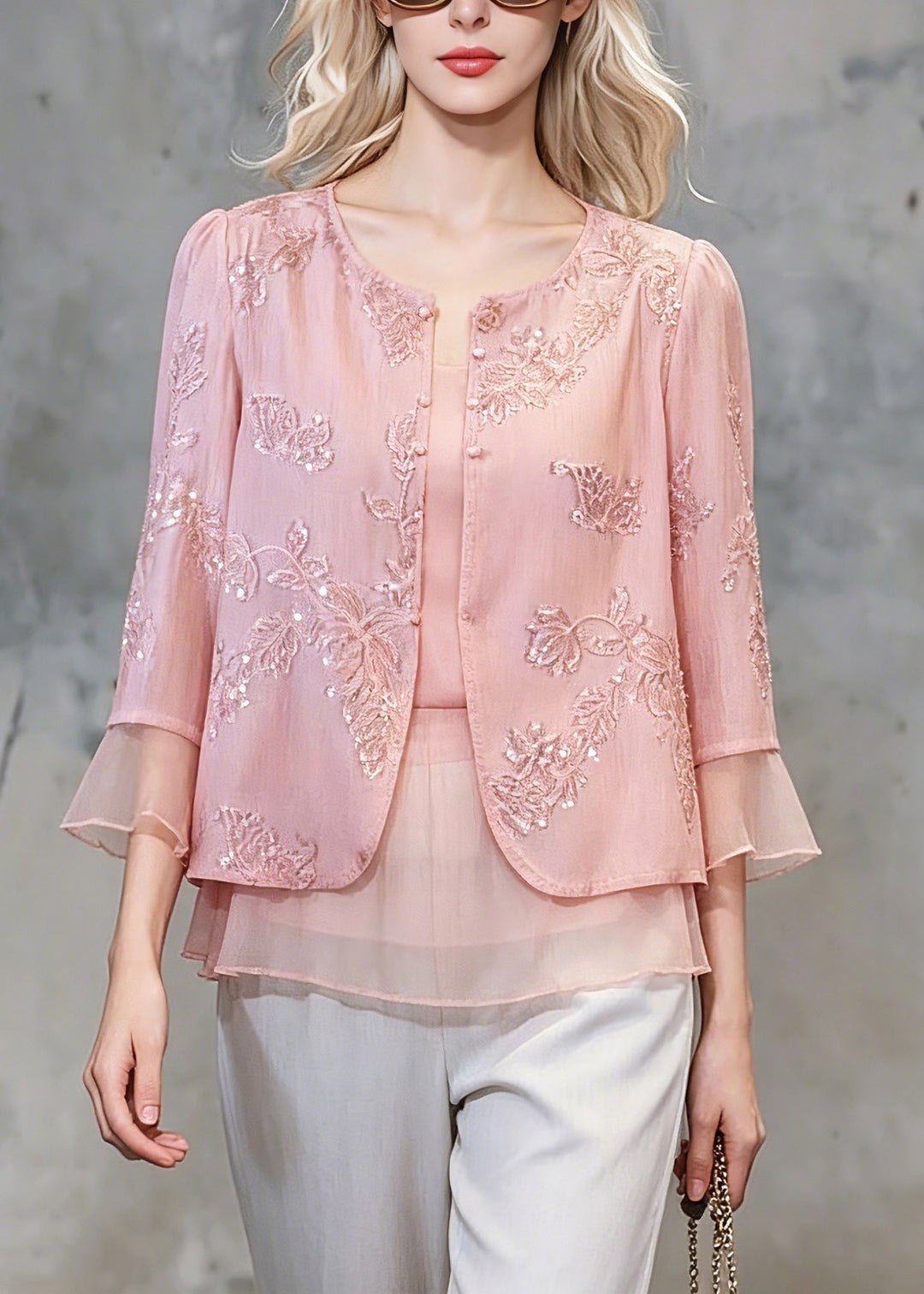 Cute Pink Patchwork Button Fake Two-Piece Chiffon Shirt Three Quarter Sleeve