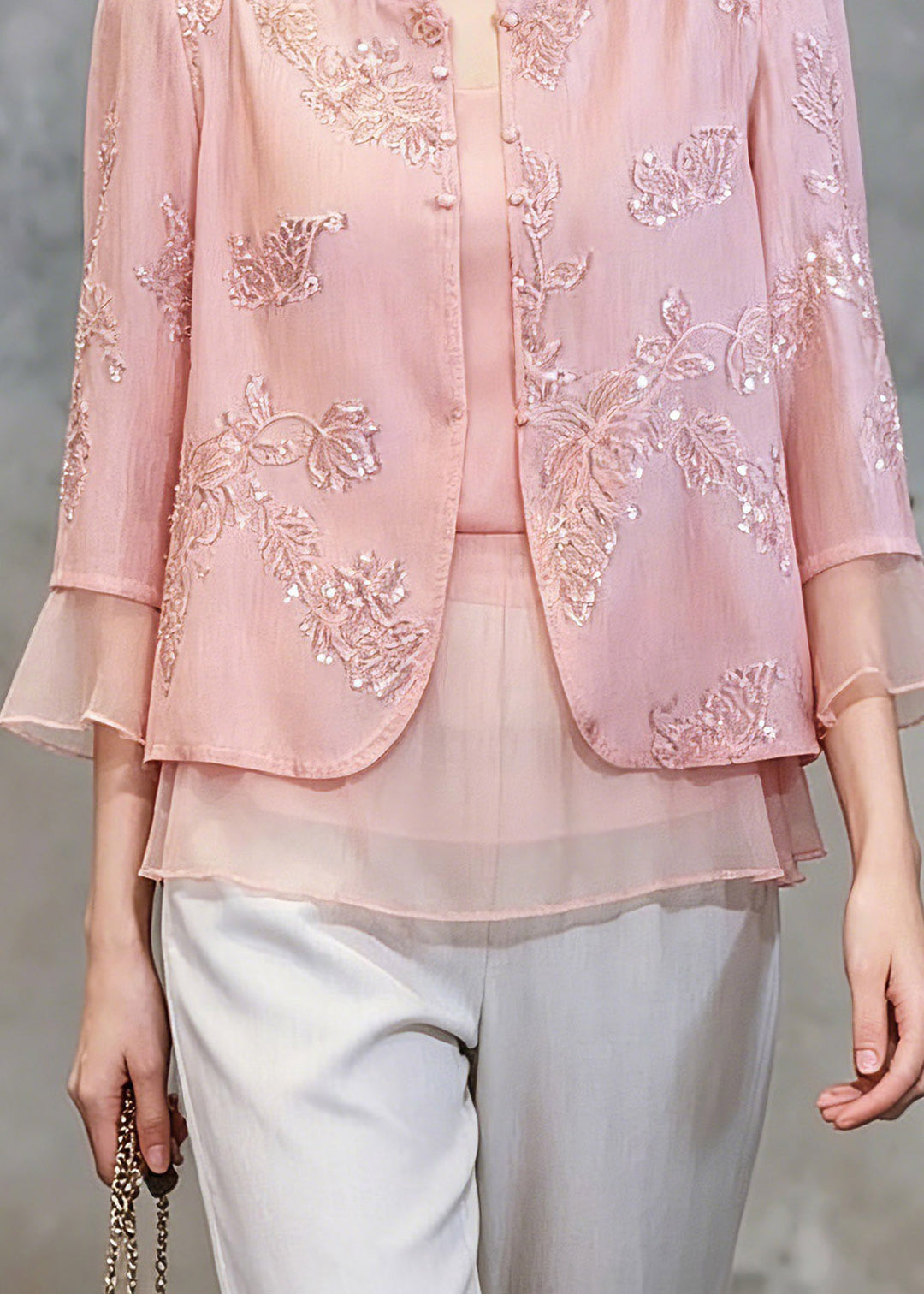 Cute Pink Patchwork Button Fake Two-Piece Chiffon Shirt Three Quarter Sleeve