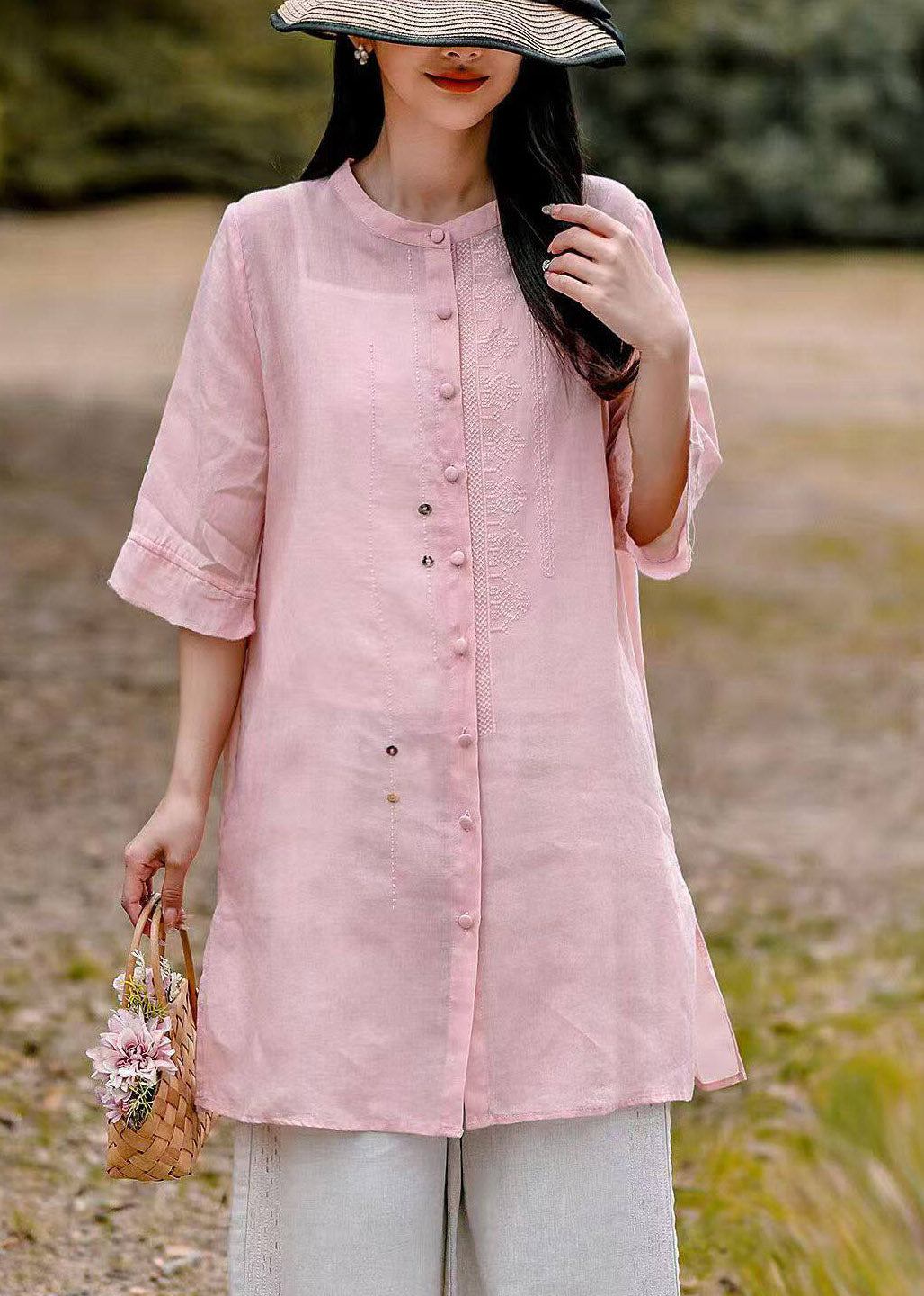 Cute Pink Patchwork Side Open Long Linen Top Summer