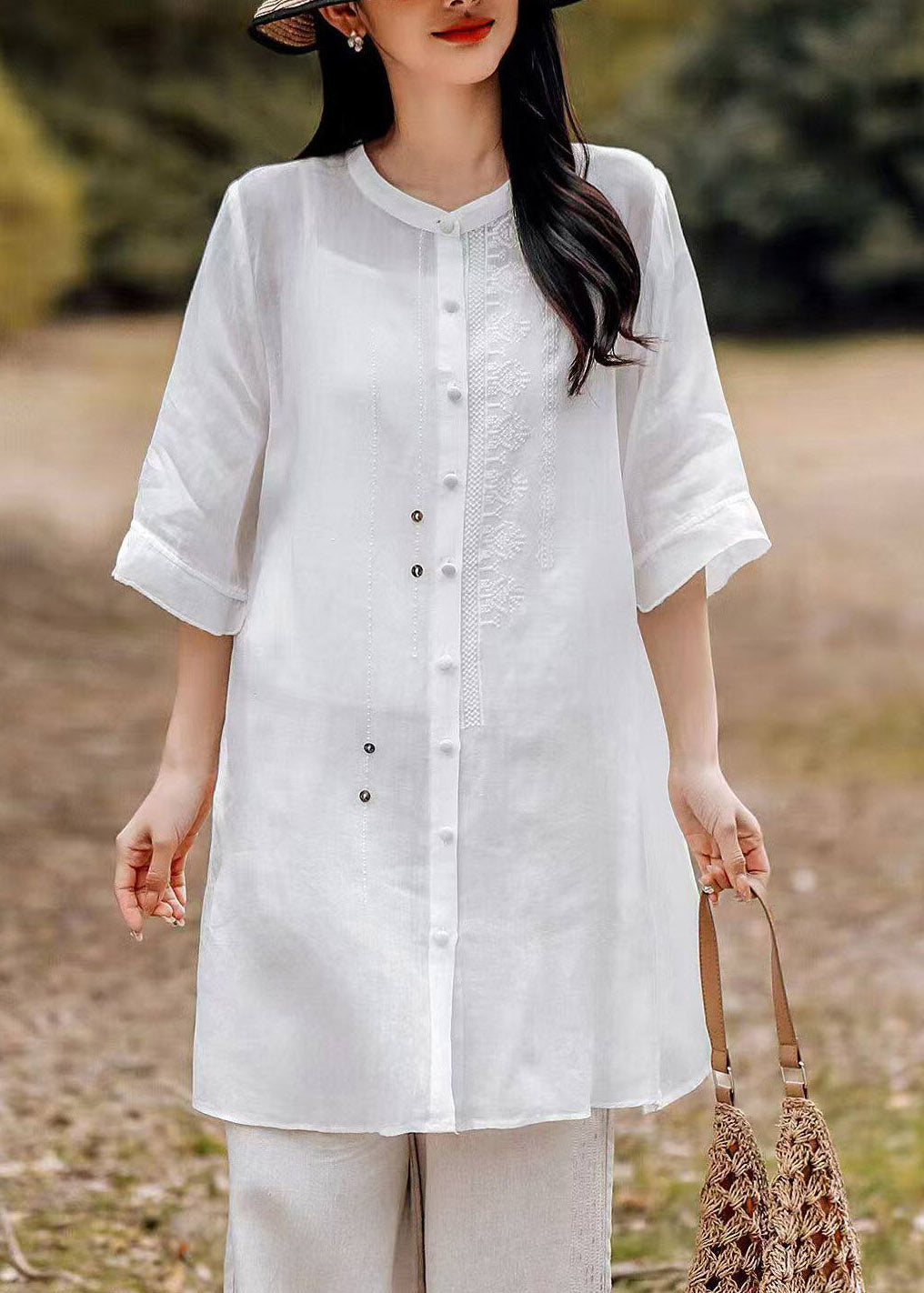 Cute Pink Patchwork Side Open Long Linen Top Summer