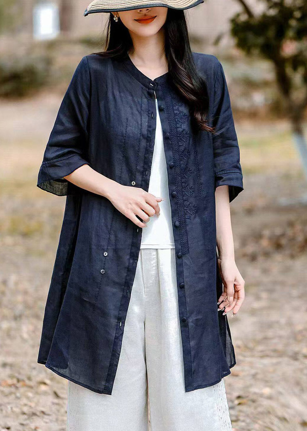 Cute Pink Patchwork Side Open Long Linen Top Summer