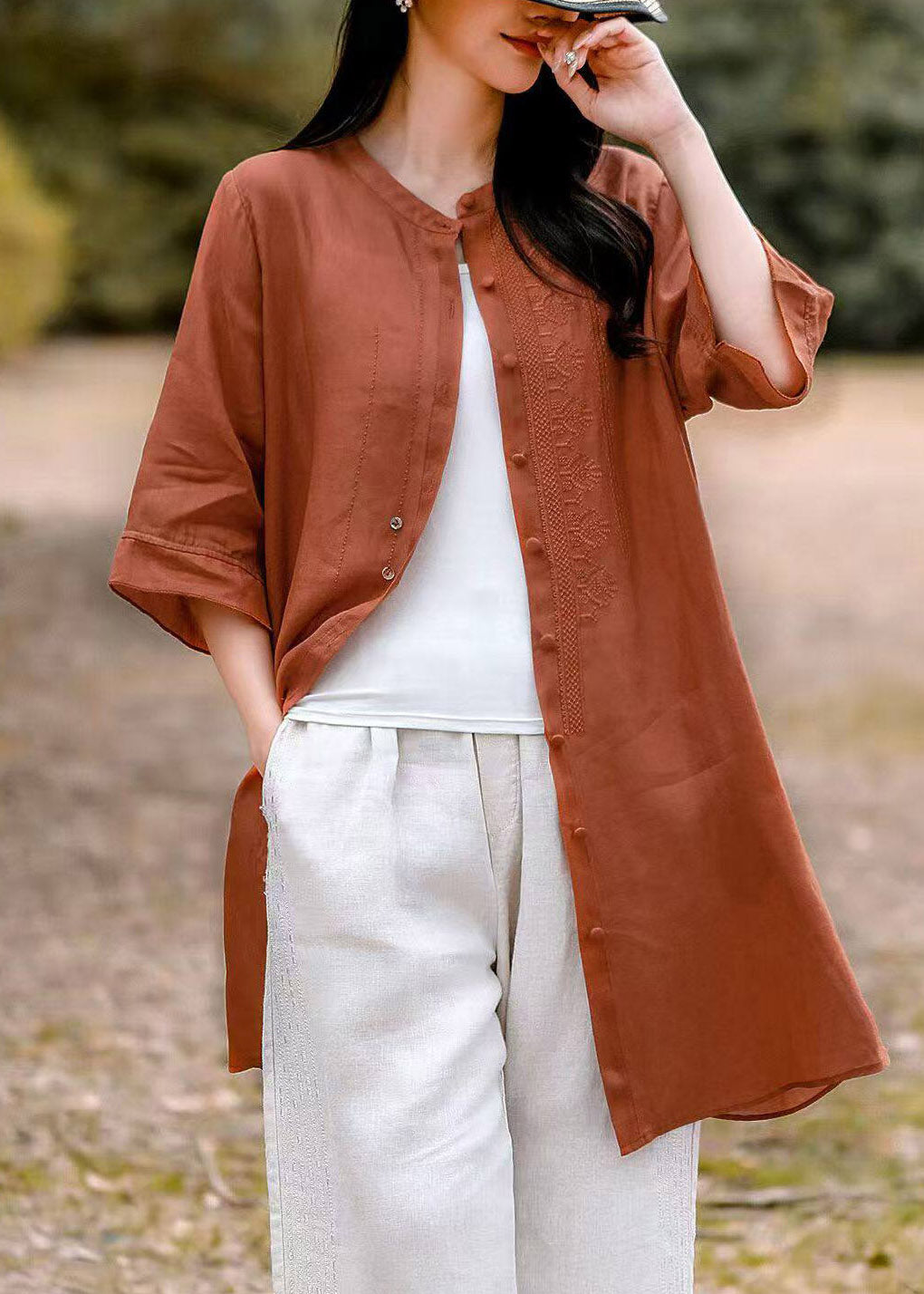 Cute Pink Patchwork Side Open Long Linen Top Summer