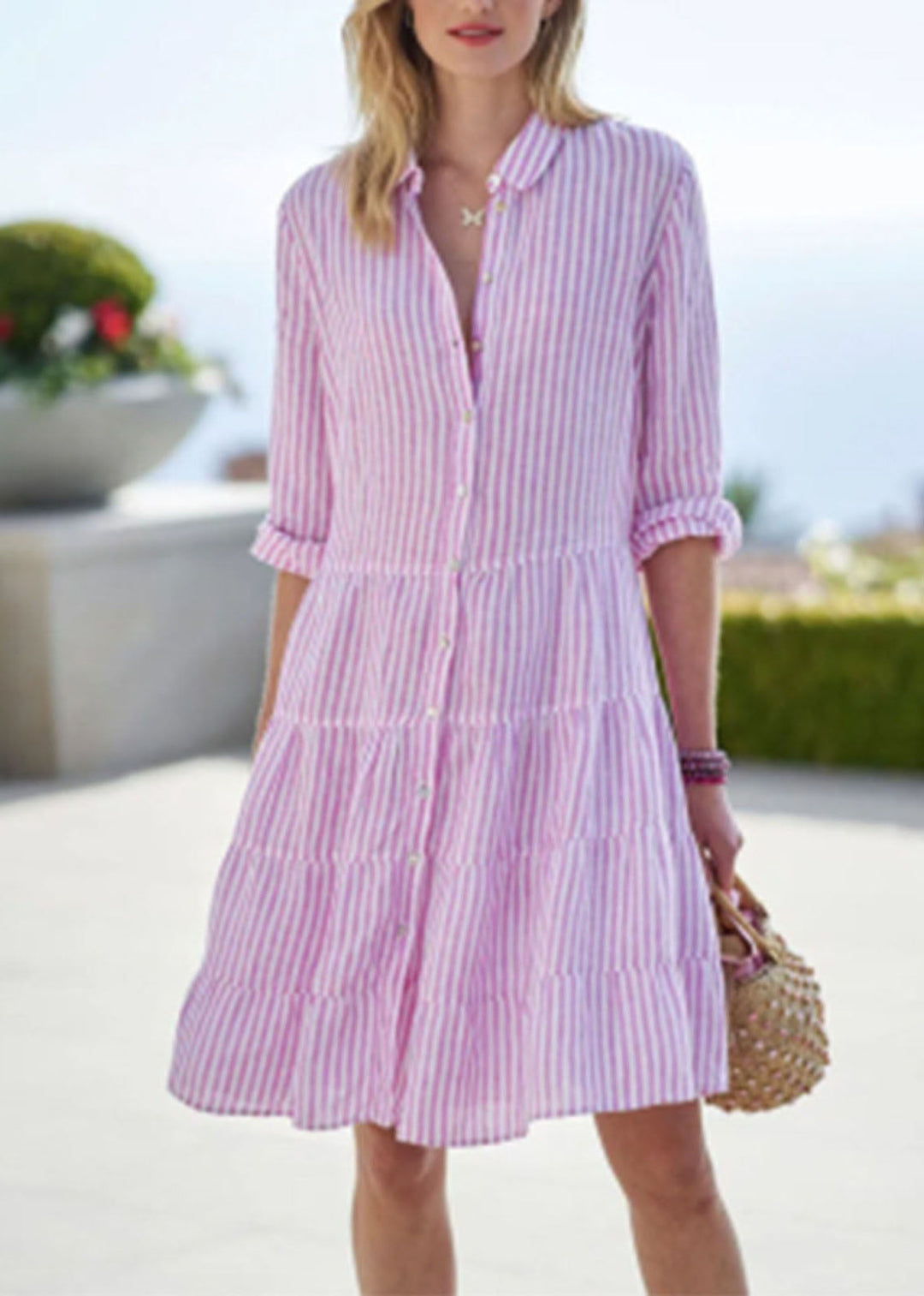 Cute Pink Peter Pan Collar Button Mid Dress Half Sleeve