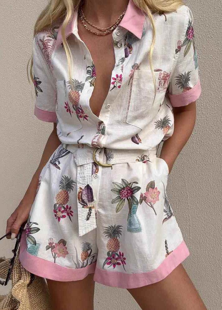 Cute Pink Peter Pan Collar Button Shirts And Shorts Two Pieces Set Summer