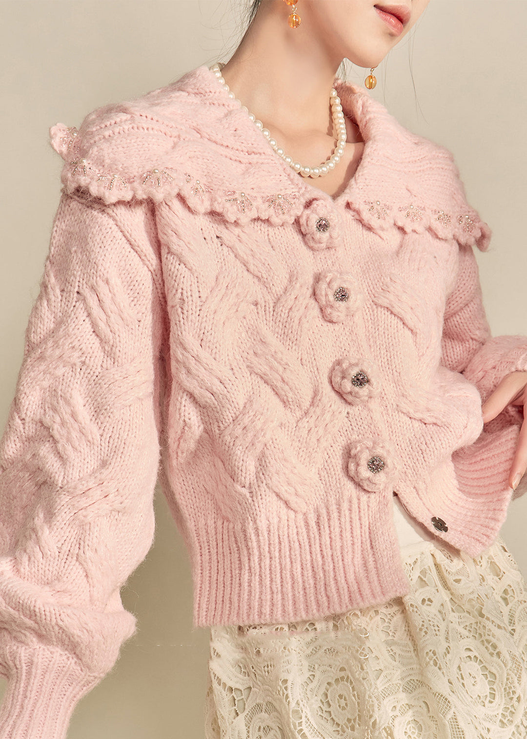Cute Pink Peter Pan Collar Nail Bead Knit Coat Winter