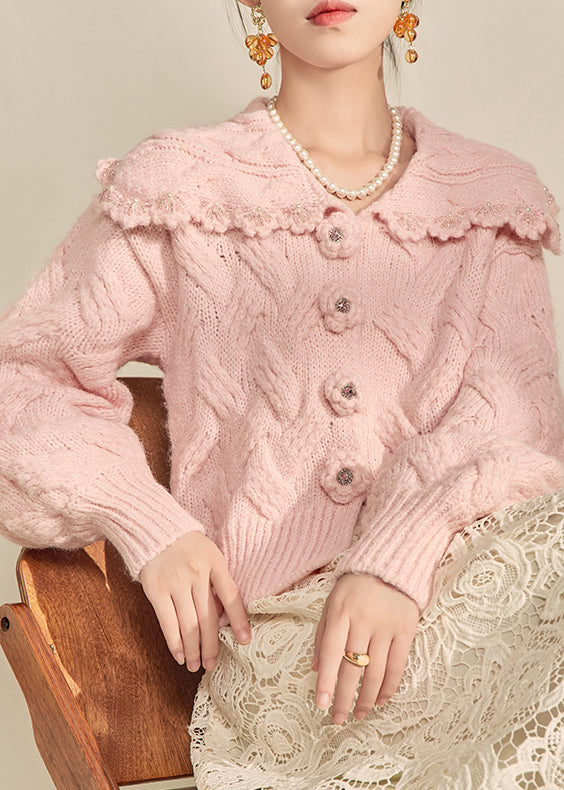 Cute Pink Peter Pan Collar Nail Bead Knit Coat Winter