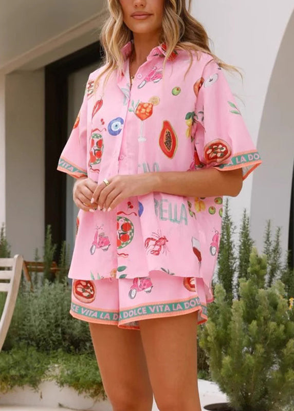 Cute Pink Peter Pan Collar Shirts And Shorts Two Pieces Set Short Sleeve