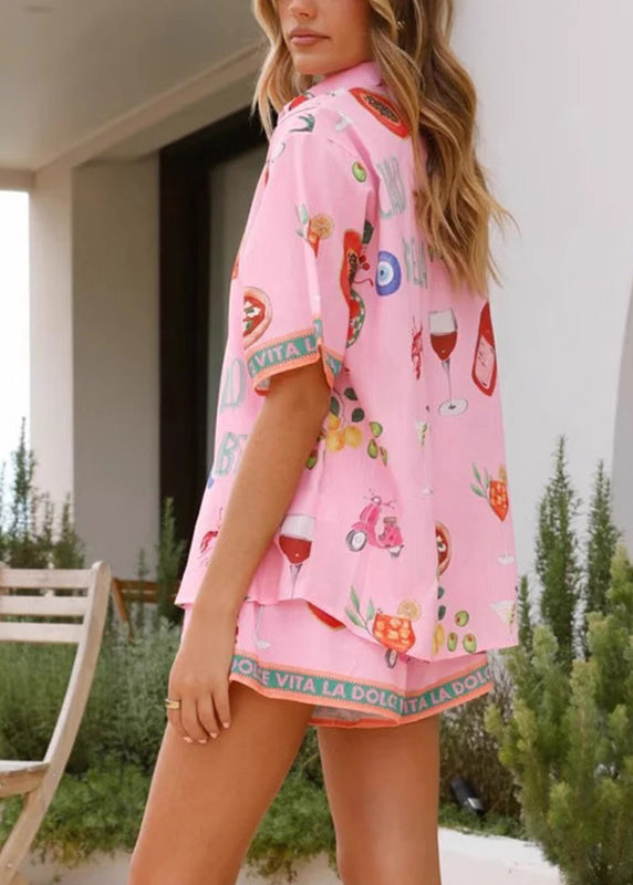Cute Pink Peter Pan Collar Shirts And Shorts Two Pieces Set Short Sleeve