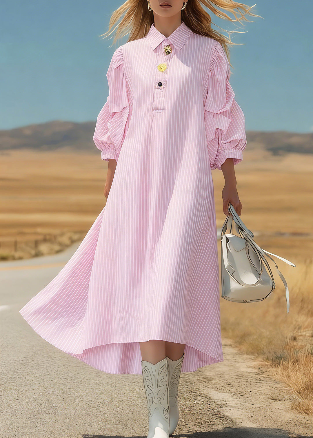Cute Pink Peter Pan Collar Striped Long Dress Three Quarter Sleeve