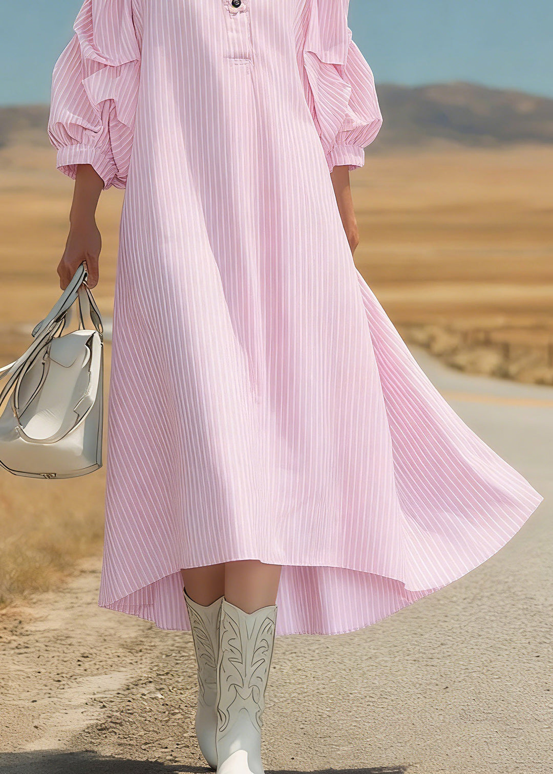 Cute Pink Peter Pan Collar Striped Long Dress Three Quarter Sleeve
