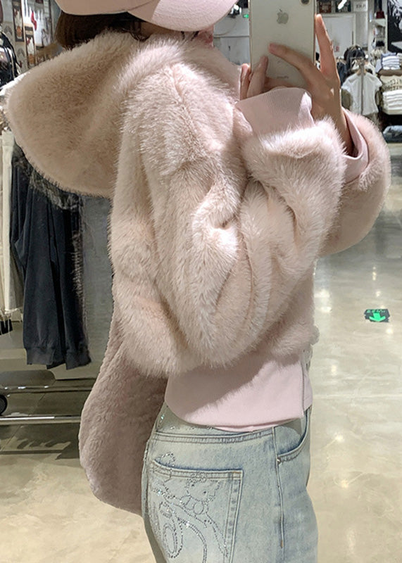 Cute Pink Pockets Patchwork Fuzzy Fur Fluffy Hooded Parka Coats Winter
