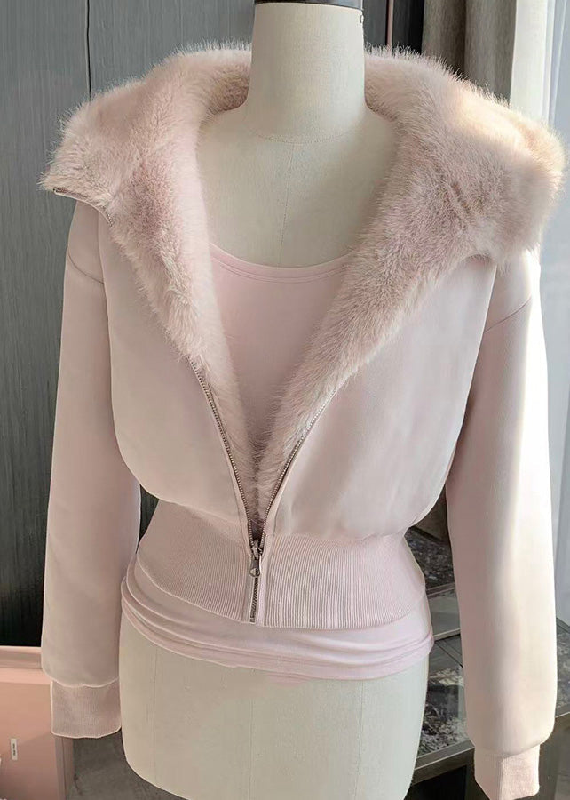 Cute Pink Pockets Patchwork Fuzzy Fur Fluffy Hooded Parka Coats Winter