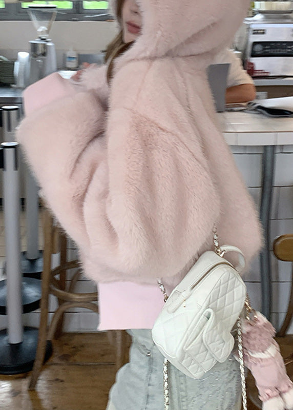 Cute Pink Pockets Patchwork Fuzzy Fur Fluffy Hooded Parka Coats Winter