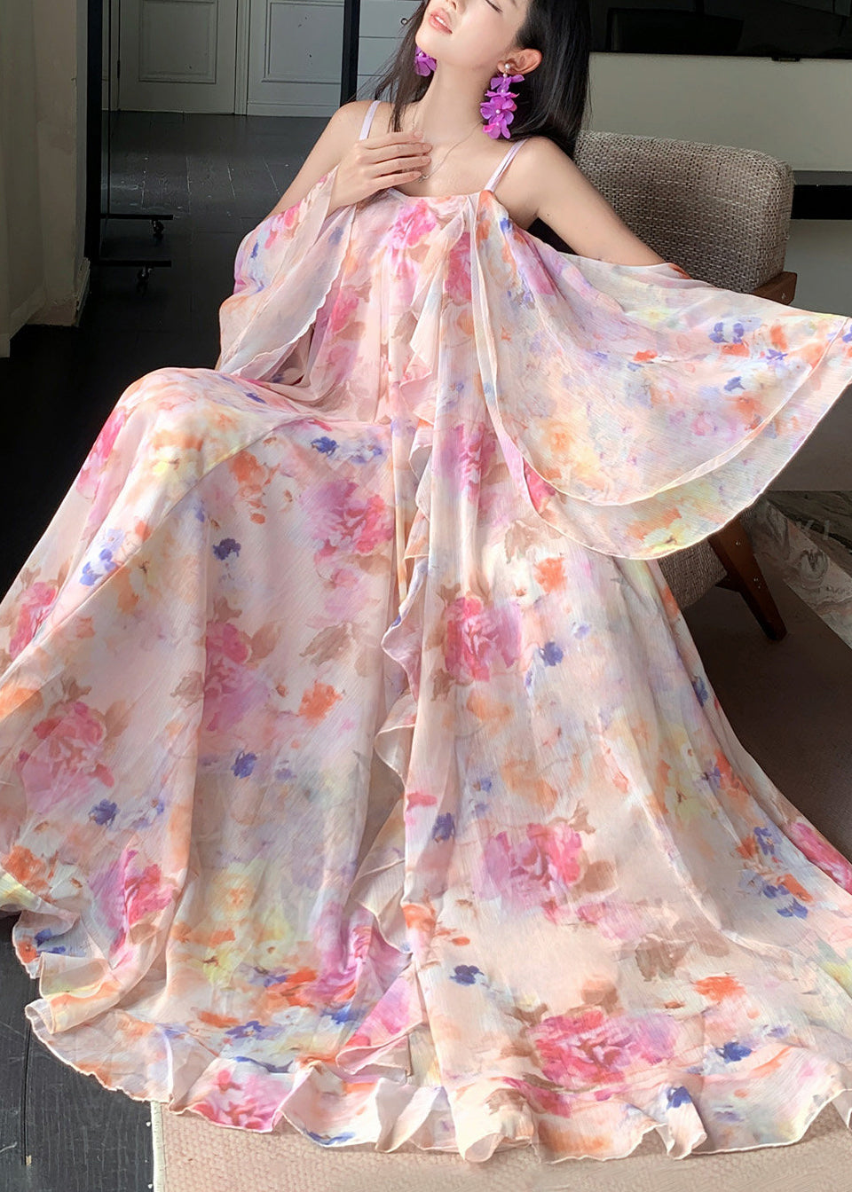 Cute Pink Print Ruffled Patchwork Chiffon Long Dress Short Sleeve