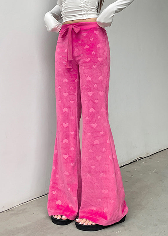 Cute Pink Print Tie Waist Knit Flared Trousers