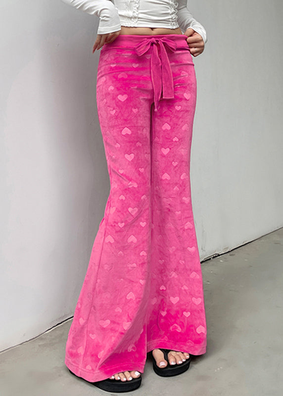 Cute Pink Print Tie Waist Knit Flared Trousers