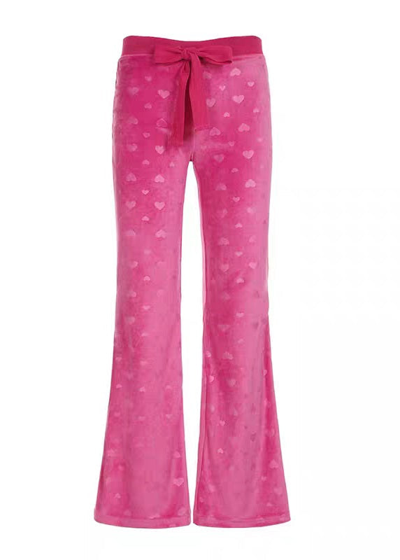 Cute Pink Print Tie Waist Knit Flared Trousers