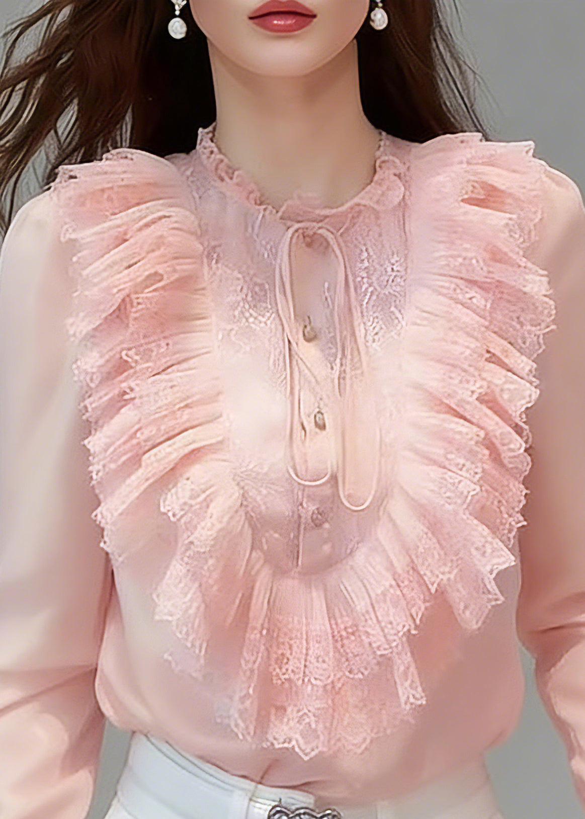Cute Pink Ruffled Patchwork Button Solid Silk Shirts Flare Sleeve - Omychic