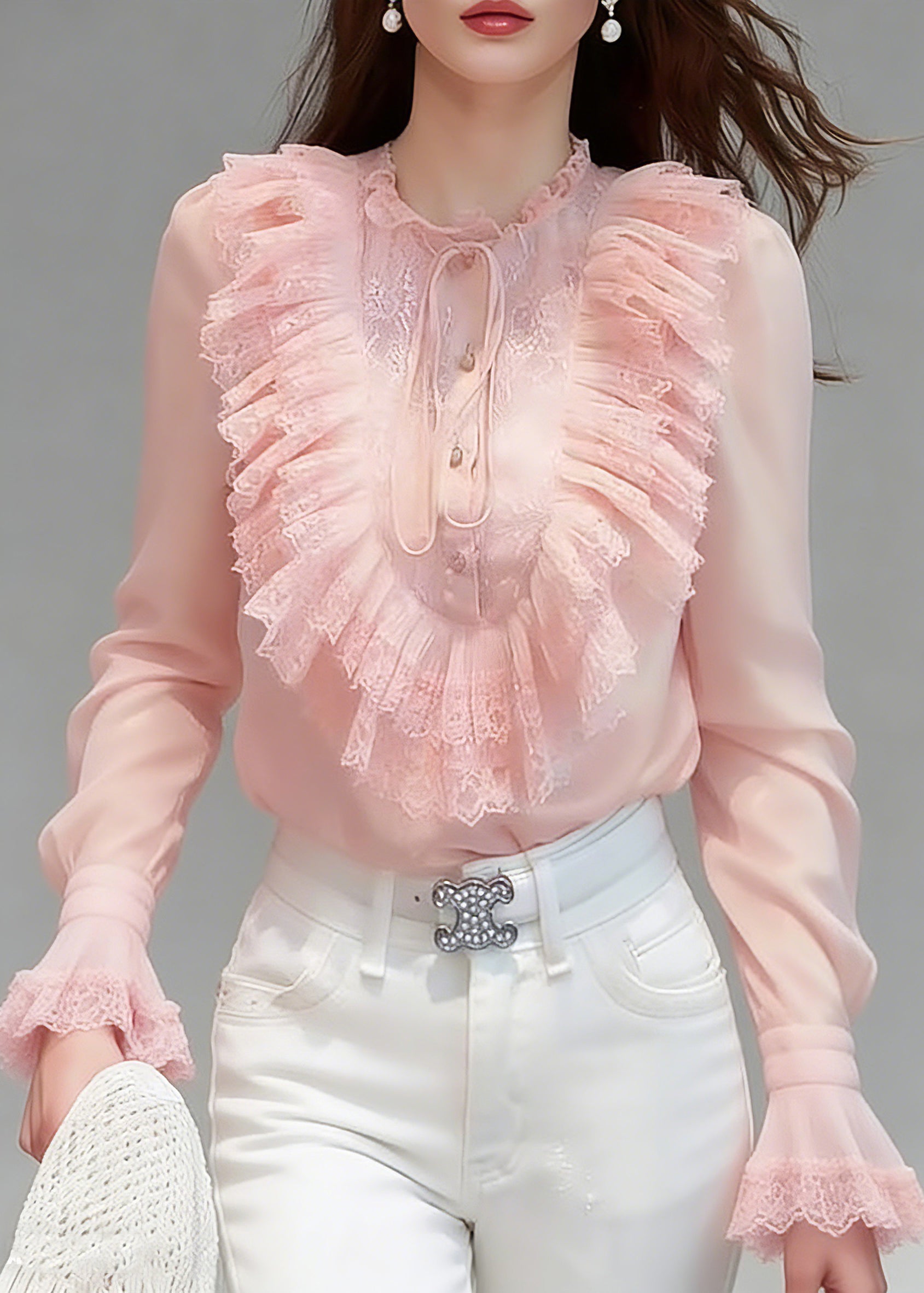 Cute Pink Ruffled Patchwork Button Solid Silk Shirts Flare Sleeve - Omychic