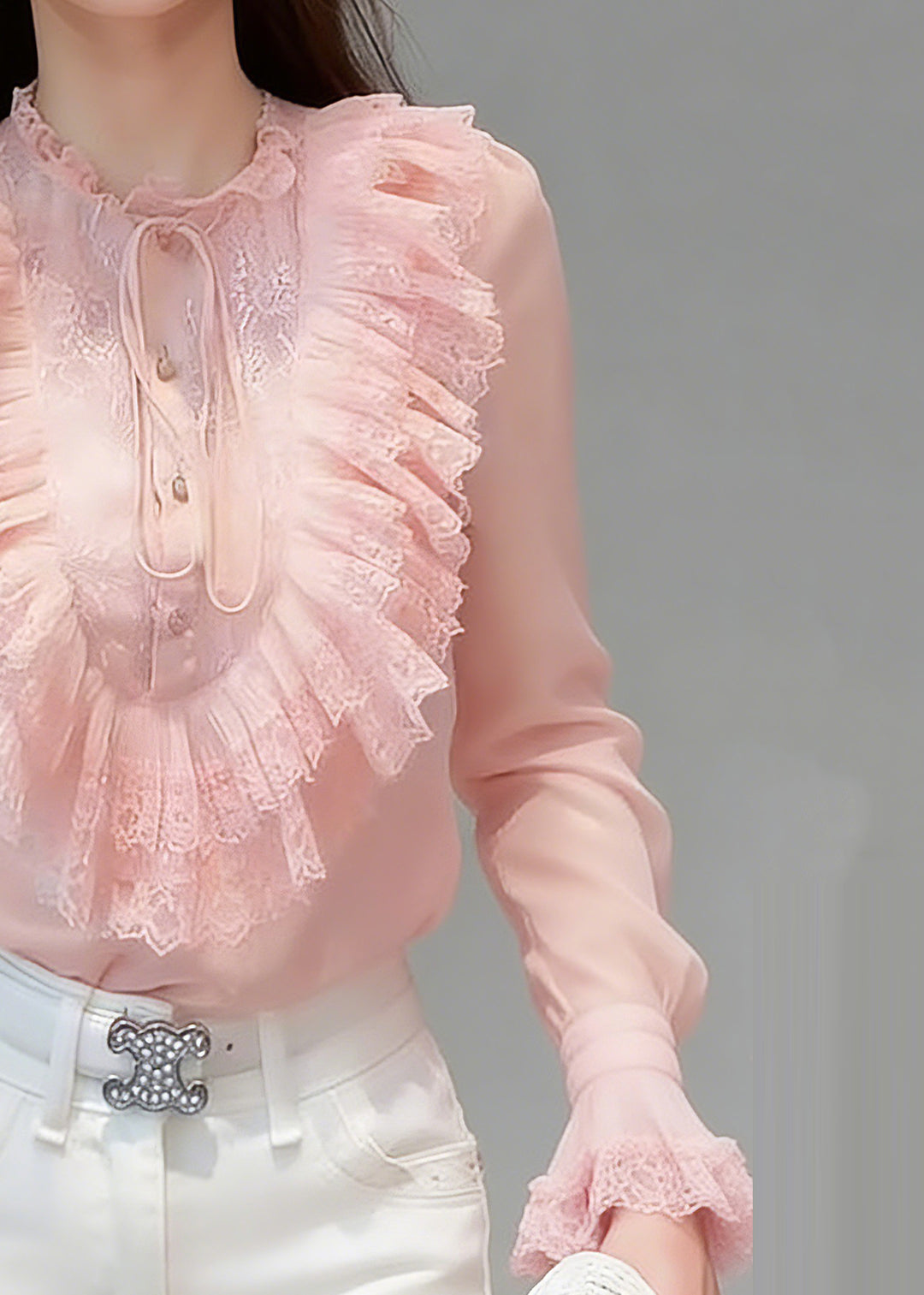 Cute Pink Ruffled Patchwork Button Solid Silk Shirts Flare Sleeve - Omychic