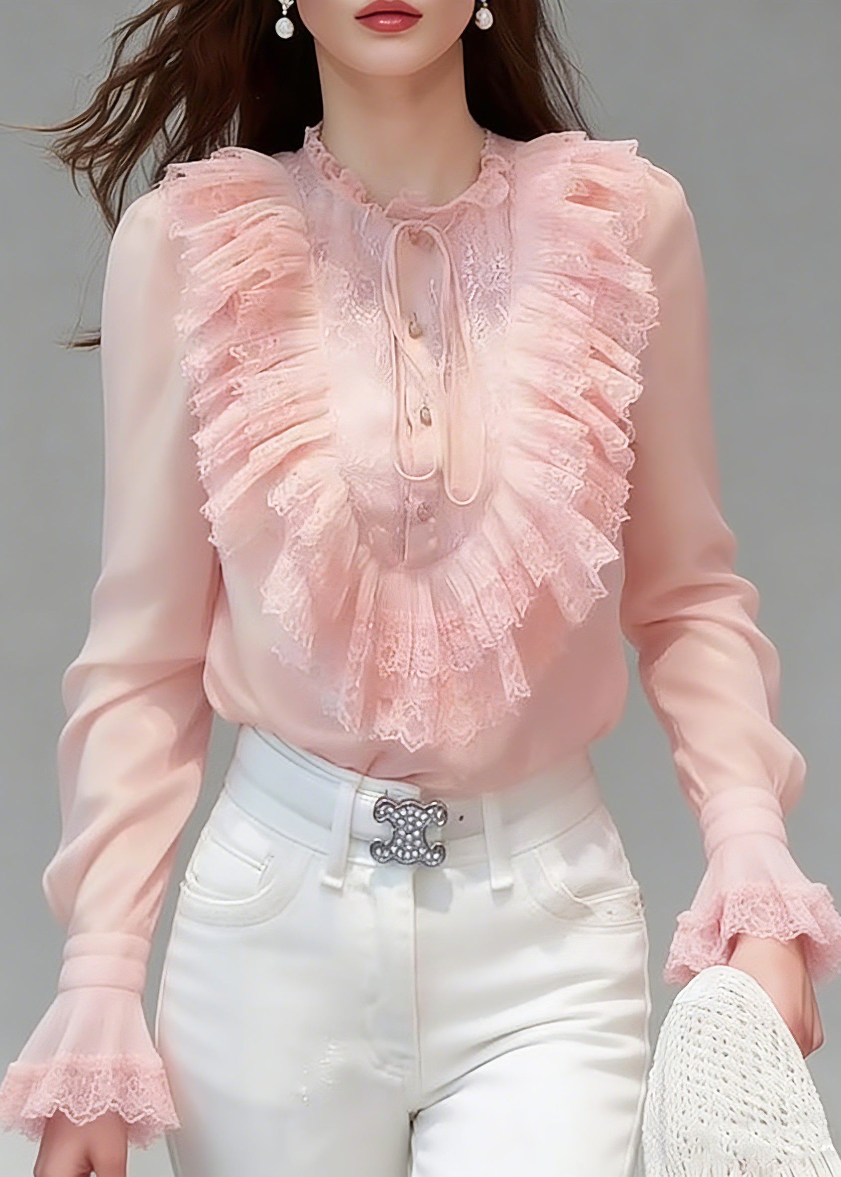 Cute Pink Ruffled Patchwork Button Solid Silk Shirts Flare Sleeve - Omychic