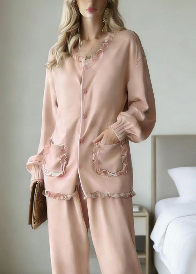 Cute Pink Ruffled Patchwork Pajamas Two Piece Set Long Sleeve - Omychic