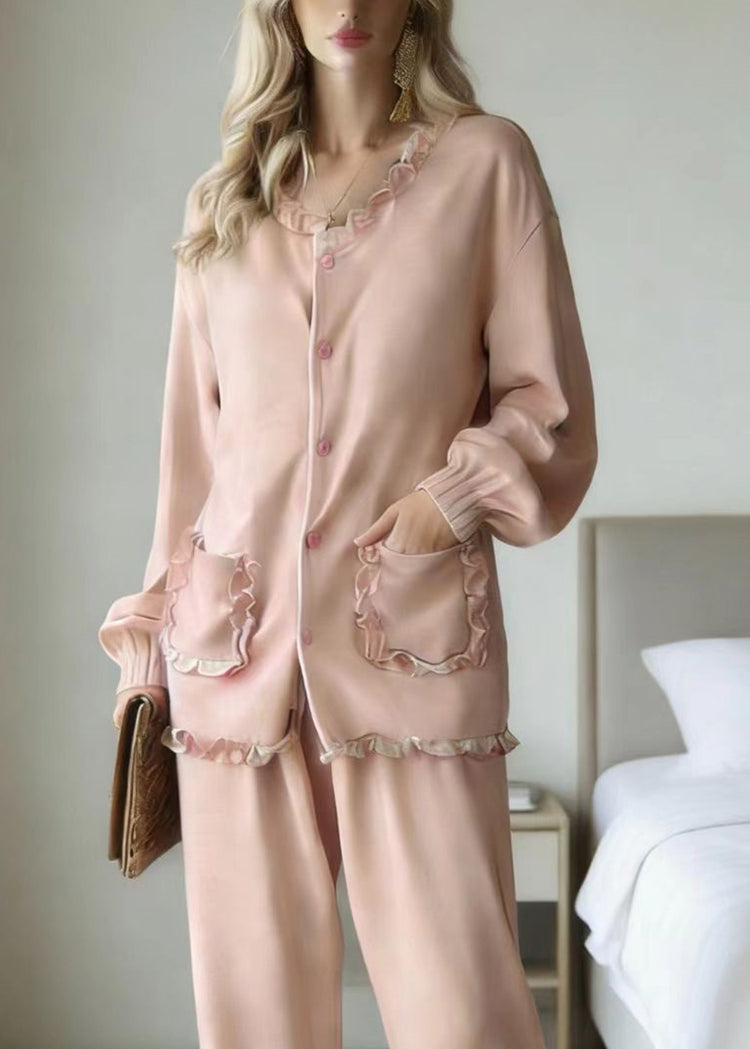Cute Pink Ruffled Patchwork Pajamas Two Piece Set Long Sleeve - Omychic