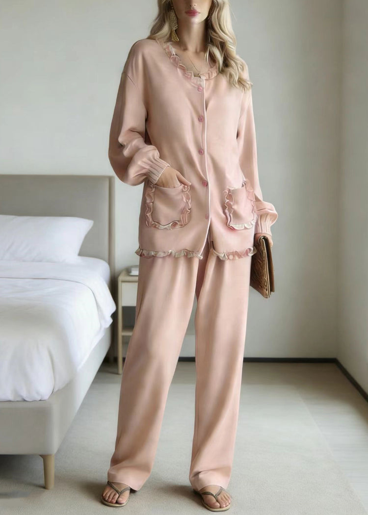 Cute Pink Ruffled Patchwork Pajamas Two Piece Set Long Sleeve - Omychic