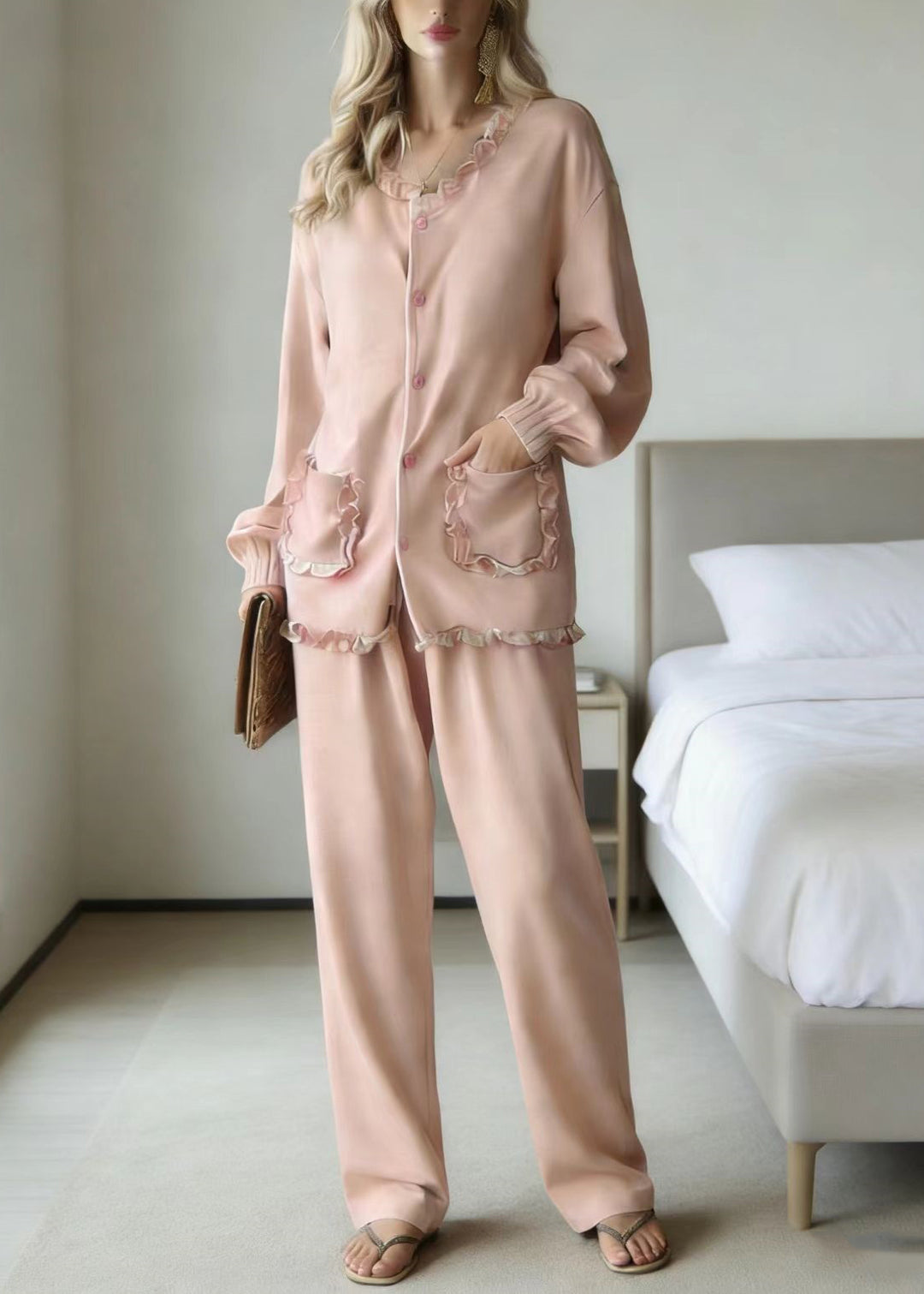 Cute Pink Ruffled Patchwork Pajamas Two Piece Set Long Sleeve - Omychic