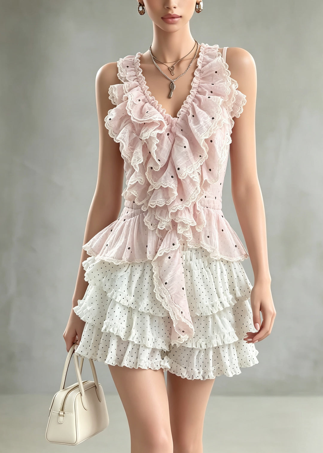 Cute Pink Ruffled Top And White Skirts Cotton Two Pieces Set Summer