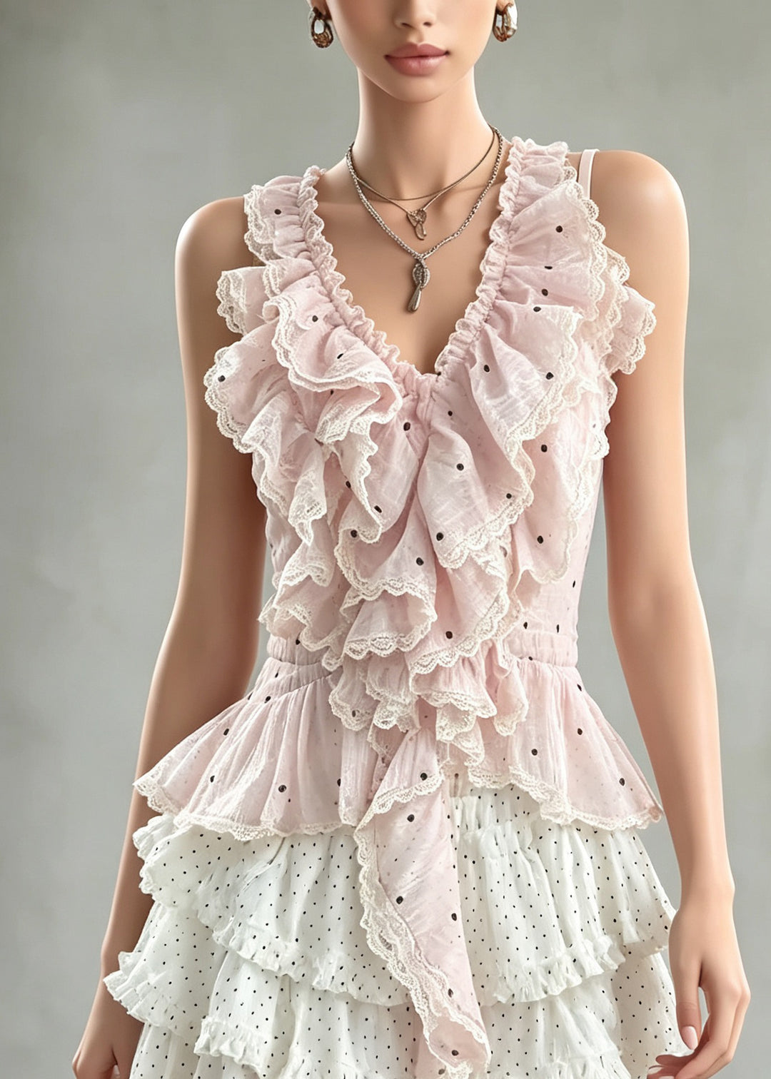 Cute Pink Ruffled Top And White Skirts Cotton Two Pieces Set Summer