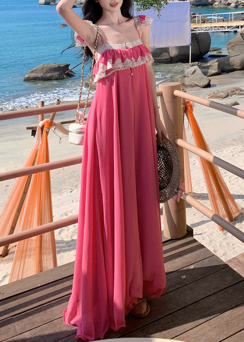 Cute Pink Square Collar Ruffled Maxi Dresses Short Sleeve