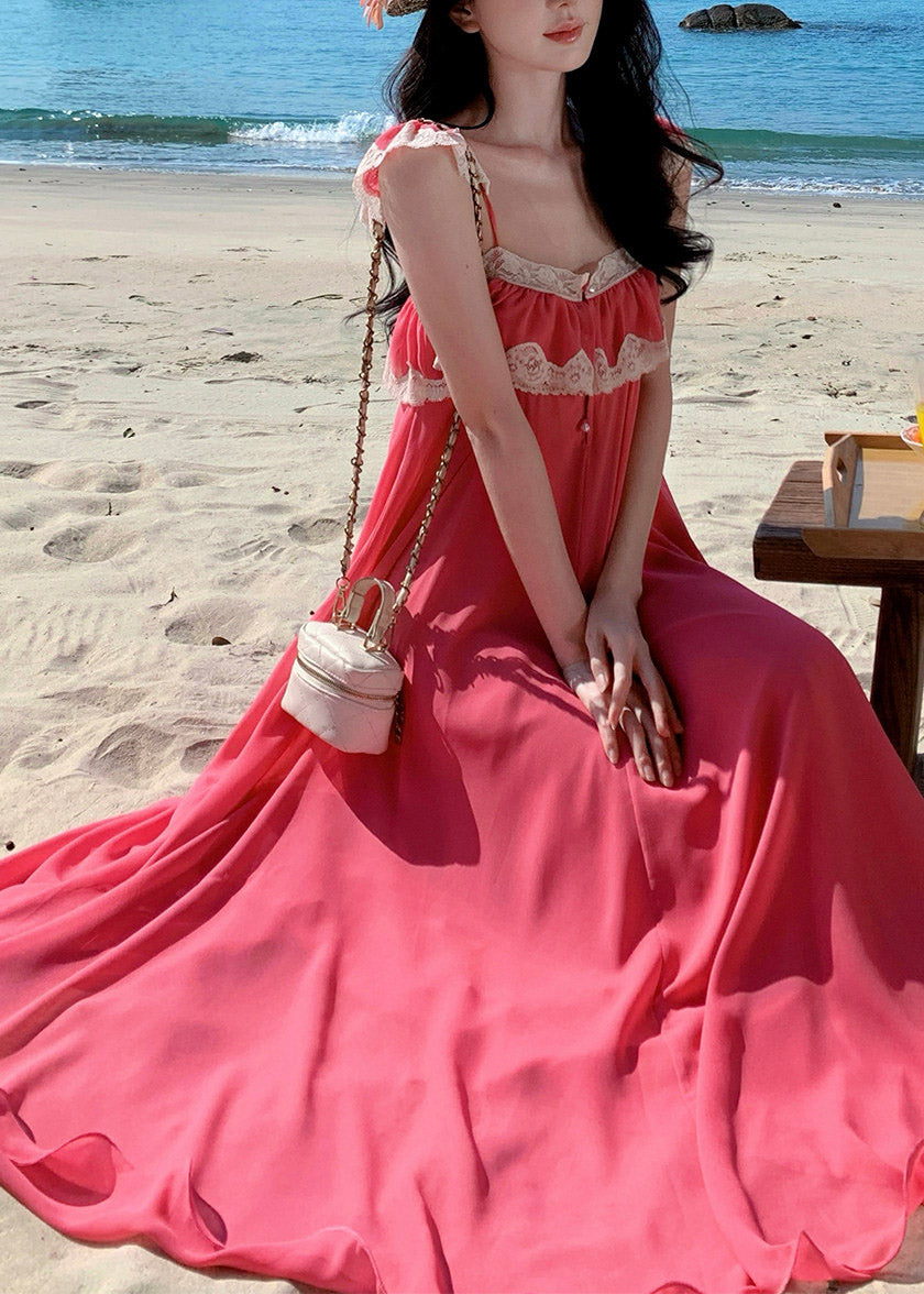 Cute Pink Square Collar Ruffled Maxi Dresses Short Sleeve