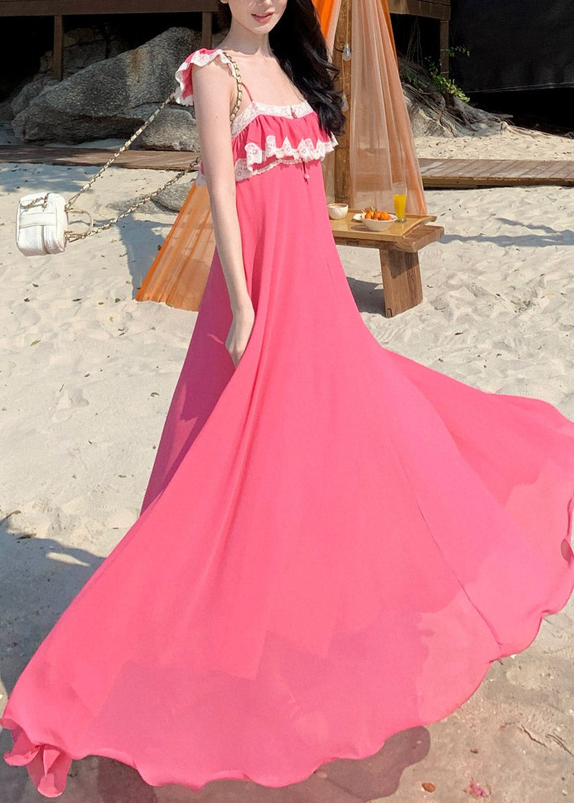 Cute Pink Square Collar Ruffled Maxi Dresses Short Sleeve