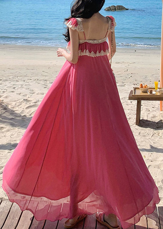 Cute Pink Square Collar Ruffled Maxi Dresses Short Sleeve