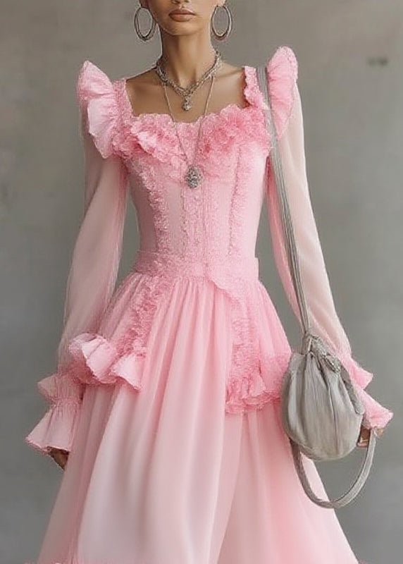 Cute Pink Square Collar Ruffled Patchwork Tulle Maxi Dress Lantern Sleeve - Omychic