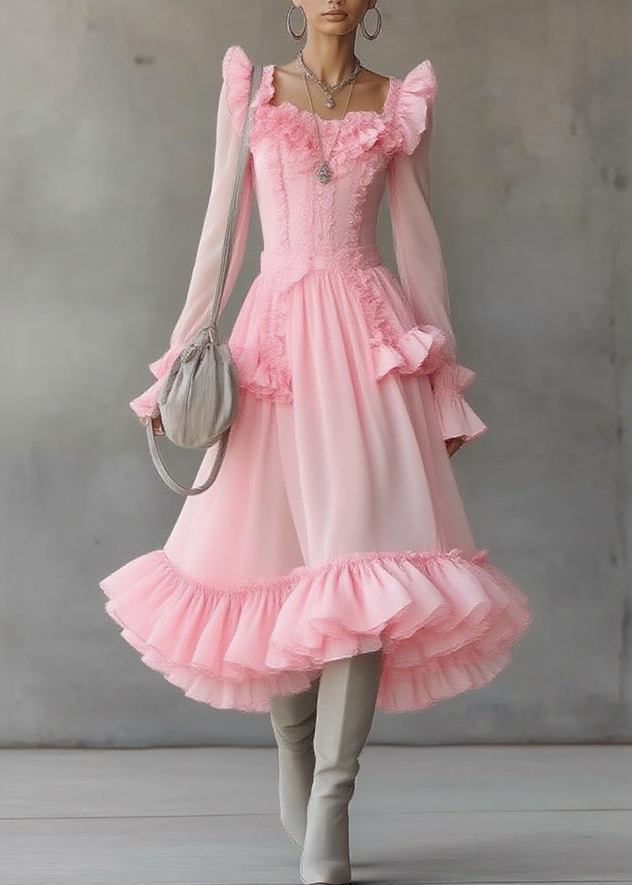 Cute Pink Square Collar Ruffled Patchwork Tulle Maxi Dress Lantern Sleeve - Omychic