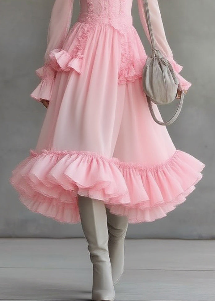 Cute Pink Square Collar Ruffled Patchwork Tulle Maxi Dress Lantern Sleeve - Omychic