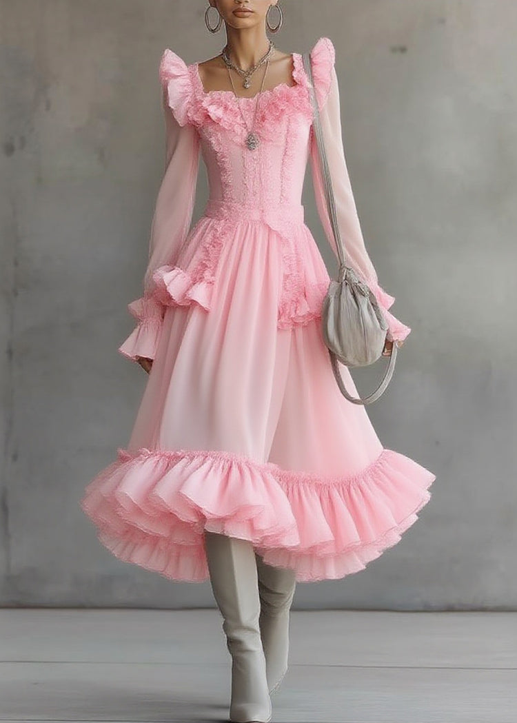 Cute Pink Square Collar Ruffled Patchwork Tulle Maxi Dress Lantern Sleeve - Omychic