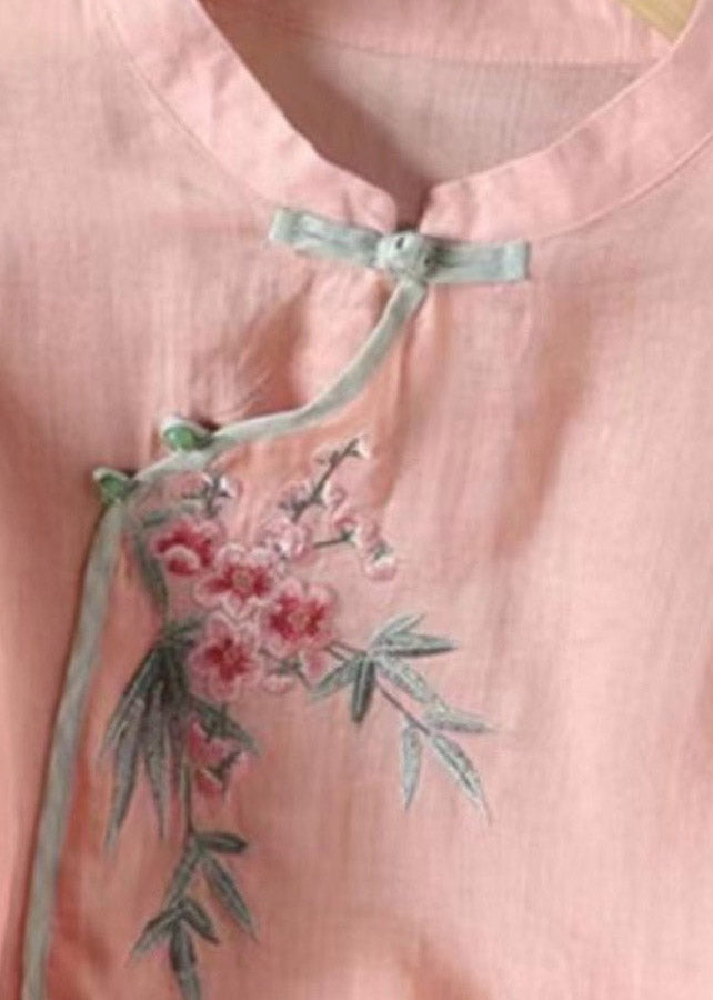 Cute Pink Stand Collar Embroidered Patchwork Shirt Three Quarter Sleeve