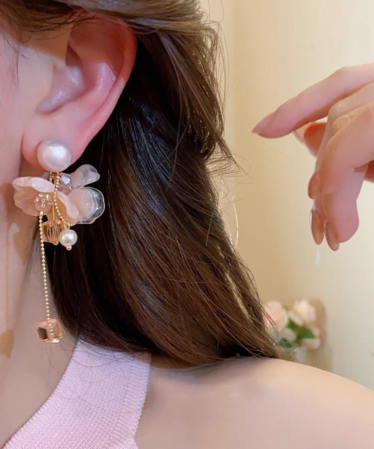 Cute Pink Sterling Silver Overgild Crystal Pearl Floral Tassel Drop Earrings