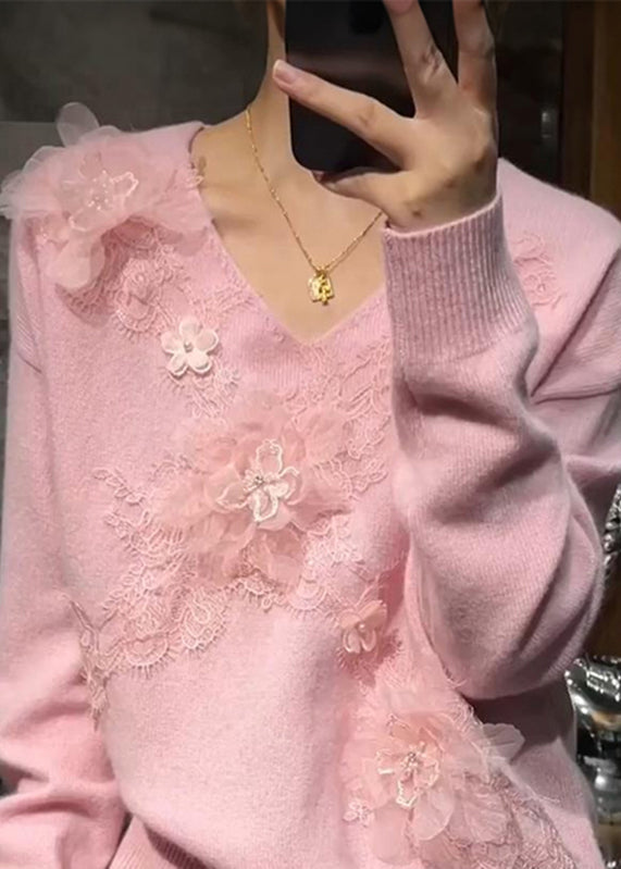 Cute Pink V Neck Floral Nail Bead Cotton Knit Sweaters Fall